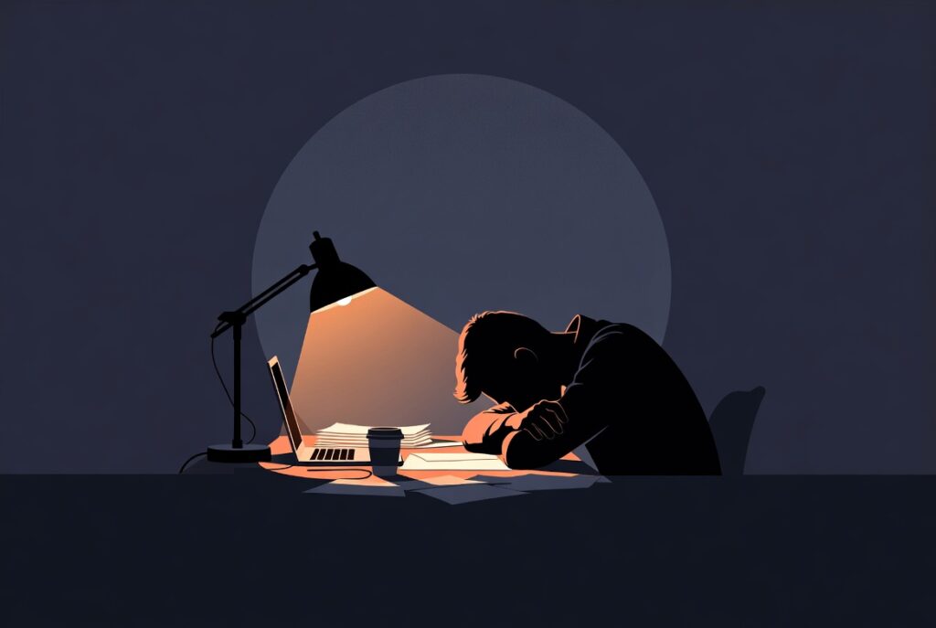 A lone figure slumped over a dimly lit desk, head resting on their arms in exhaustion. A warm amber desk lamp casts a cone of light across scattered papers and a closed laptop. Deep navy darkness surrounds the scene, conveying quiet burnout and isolation.