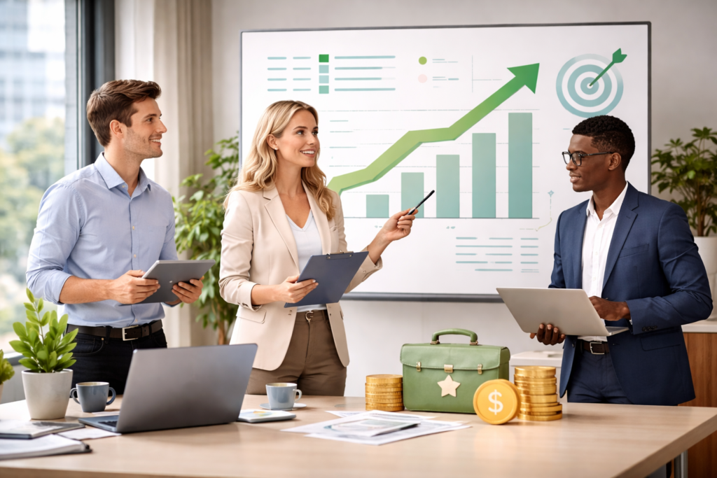 Business team analyzing key performance indicators (KPIs) and growth metrics on a dashboard to drive real business growth.