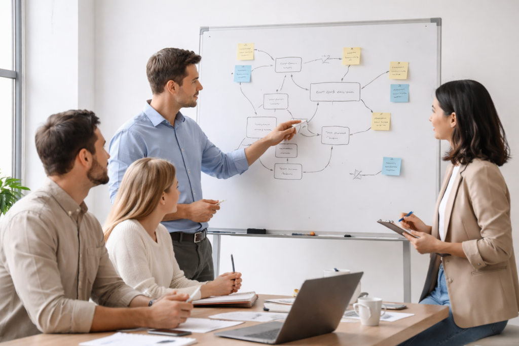Small business team collaborating and solving problems together in a calm, structured environment