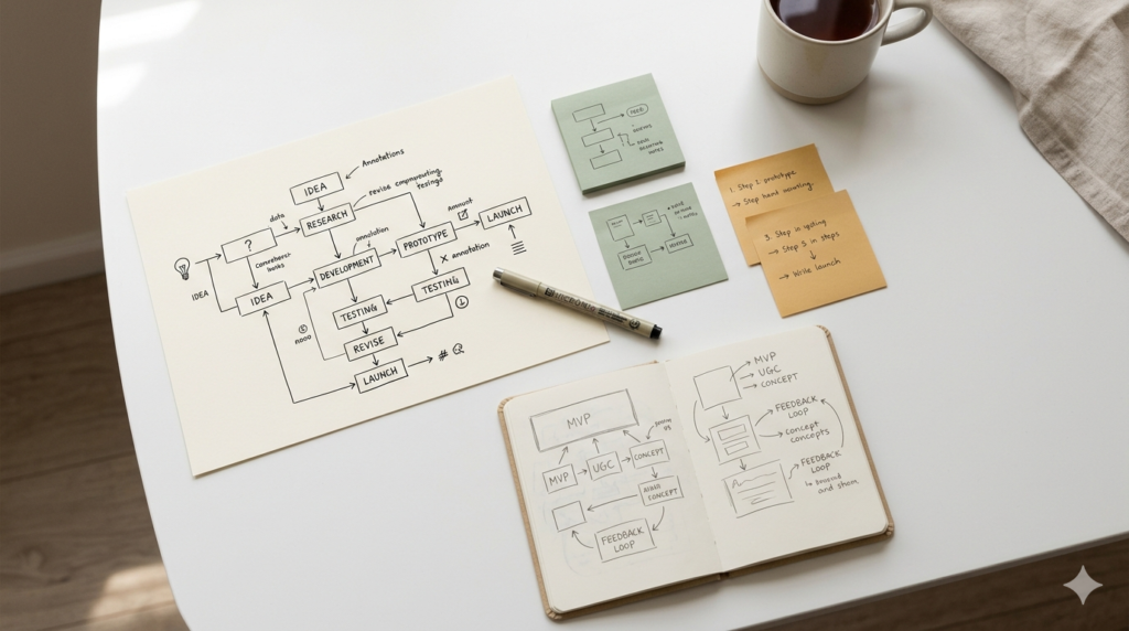An overhead, editorial flat-lay photograph of a minimalist white workspace. On the desk sits a large sheet of cream-colored paper featuring a hand-drawn flowchart with boxes and arrows. Beside it are several sticky notes in muted amber and sage green, a black fine-liner pen resting diagonally, and an open small notebook filled with pencil sketches of diagrams. The scene is illuminated by soft, natural light from the left, creating gentle shadows across a palette of off-white, warm beige, and charcoal tones.