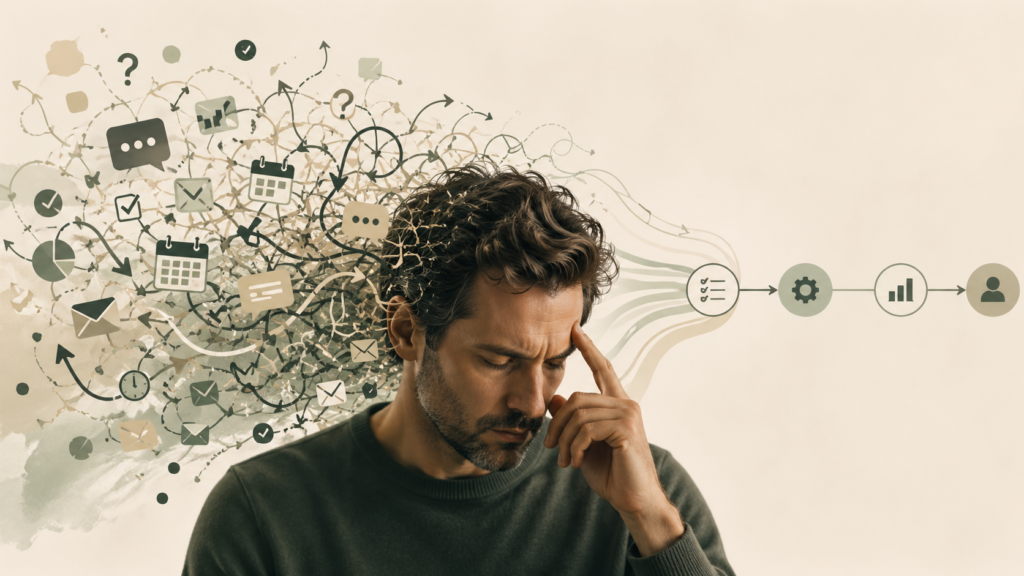 A stressed professional with tangled decision icons and arrows around his head, transitioning into a clean workflow path, symbolizing decision fatigue and business systems.