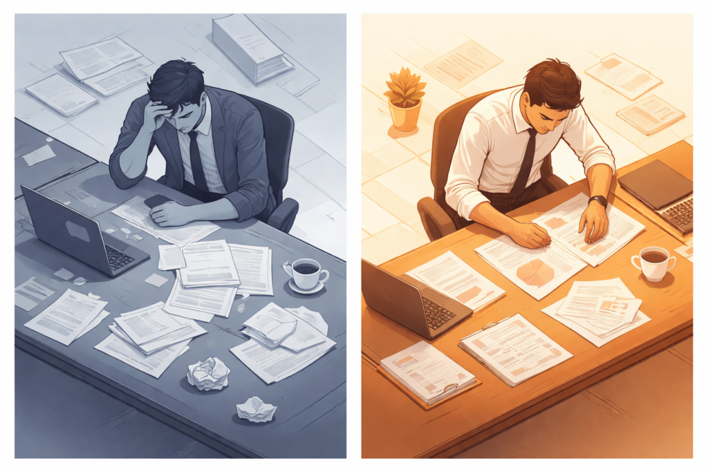 Stress vs Challenge: Reframing Pressure for Performance Two contrasting work environments illustrating the difference between stress and challenge mindset