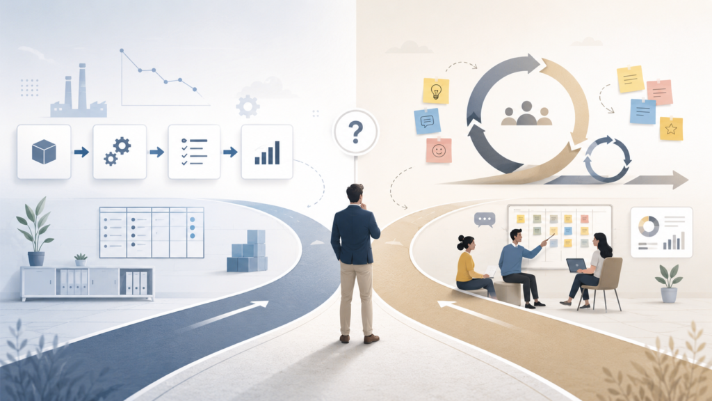 Lean vs Agile: Choosing the Right Methodology for Your Business A conceptual business illustration showing a person standing at a fork in the road, choosing between two paths. The left side represents Lean with structured workflows, charts, gears, and orderly process icons in cool blue tones, while the right side represents Agile with collaboration, sticky notes, circular feedback loops, and a small team working together in warm neutral tones.