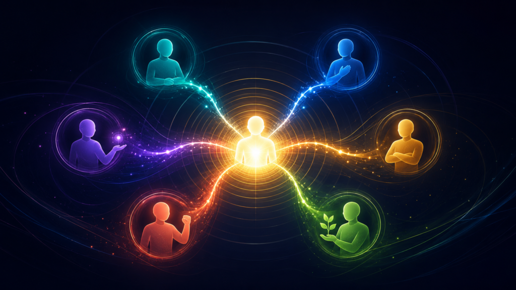 Emotional intelligence leadership network showing a glowing leader connected to team members through colorful lines representing trust, communication, growth, and team performance.