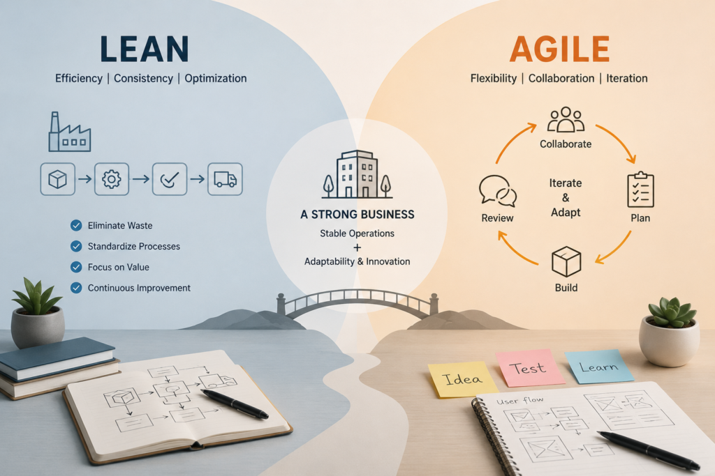 Lean vs Agile: Choosing the Right Methodology for Your Business A minimalist business desk divided into two sections: one side shows organized checklists and process arrows representing Lean, while the other side shows sticky notes and circular arrows representing Agile and iterative work.