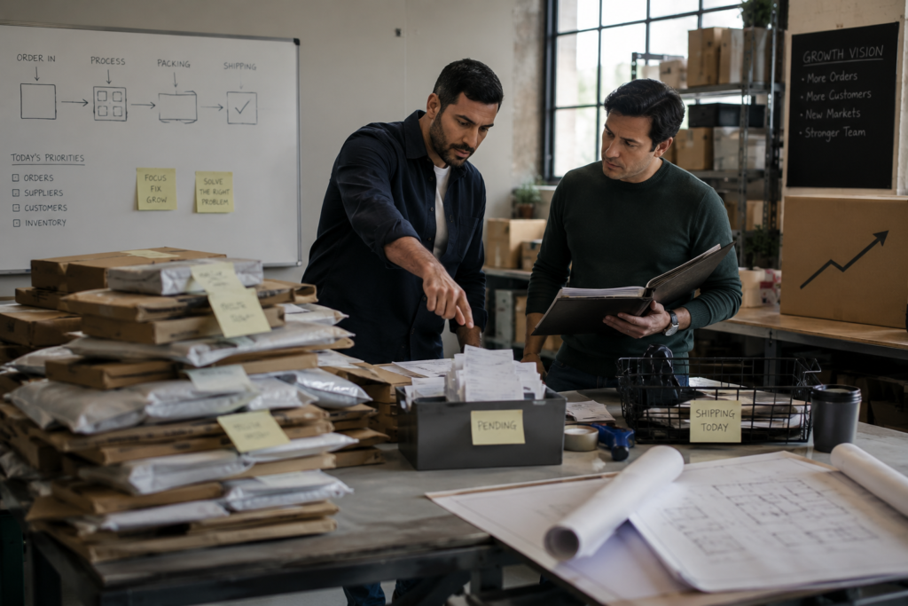 Business Diagnostic vs. Business Plan: What Does Your Small Business Need First? Two business professionals reviewing a backlog of pending orders in a small warehouse while identifying an operational bottleneck before planning for growth.
