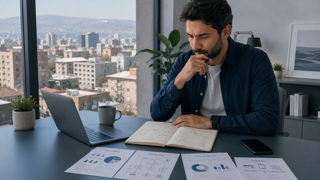 Starting a Business in Armenia: 8 Decisions to Make Before You Register Founder reviewing customers, costs, payments, and operations before starting a business in Armenia.