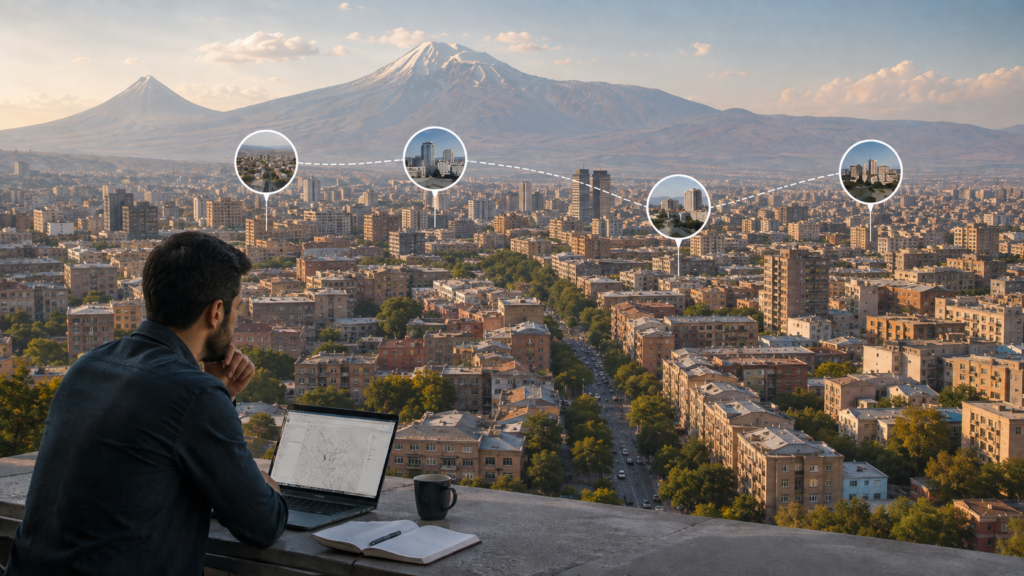 Is the Armenian Market Too Small for Your Business Idea? How to Test Demand Before You Invest Entrepreneur reviewing market data on a laptop overlooking Yerevan, with Mount Ararat in the background and highlighted customer segments across the city.