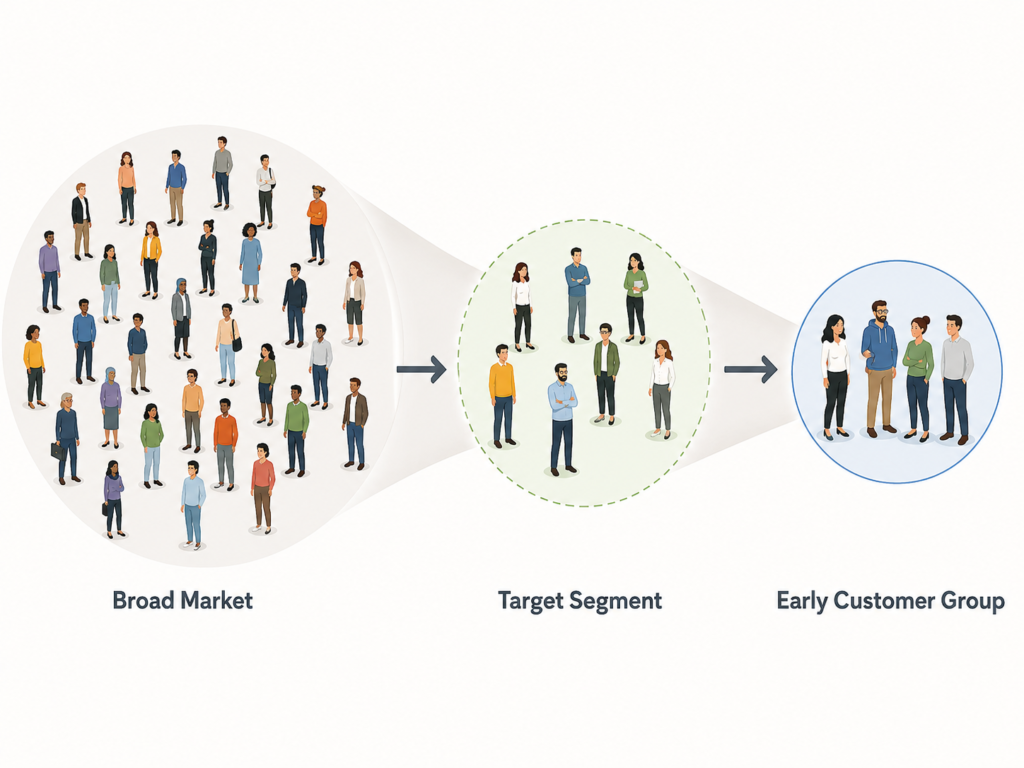 How to Find Your First Customers in a New Market Without a Local Network An infographic showing a progression from a broad market to a target segment and then to a small early customer group, illustrating how businesses should narrow their focus when entering a new market.