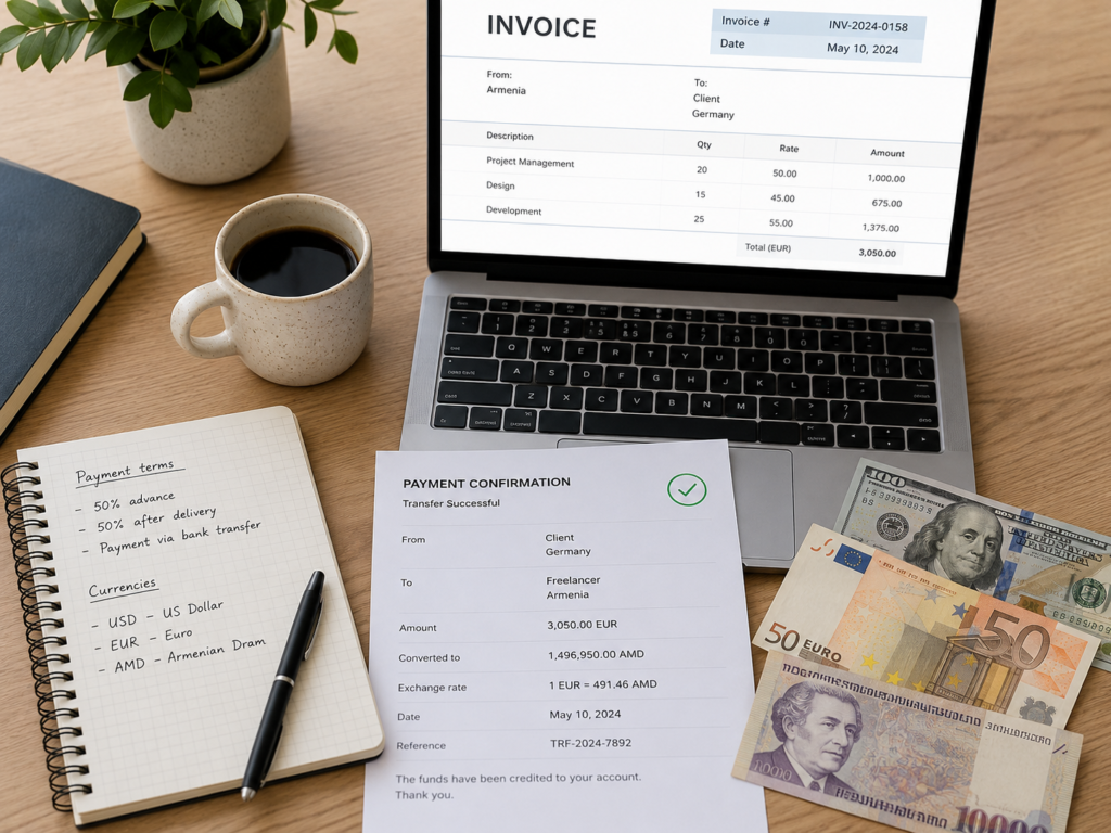 Getting Paid by Foreign Clients in Armenia: What to Plan Before Choosing a Payment Method An organized desk workspace with a laptop showing an invoice, a payment confirmation document, a notebook with payment terms and currencies, and euro, dollar, and Armenian dram banknotes, illustrating payment planning and record-keeping for foreign client payments.