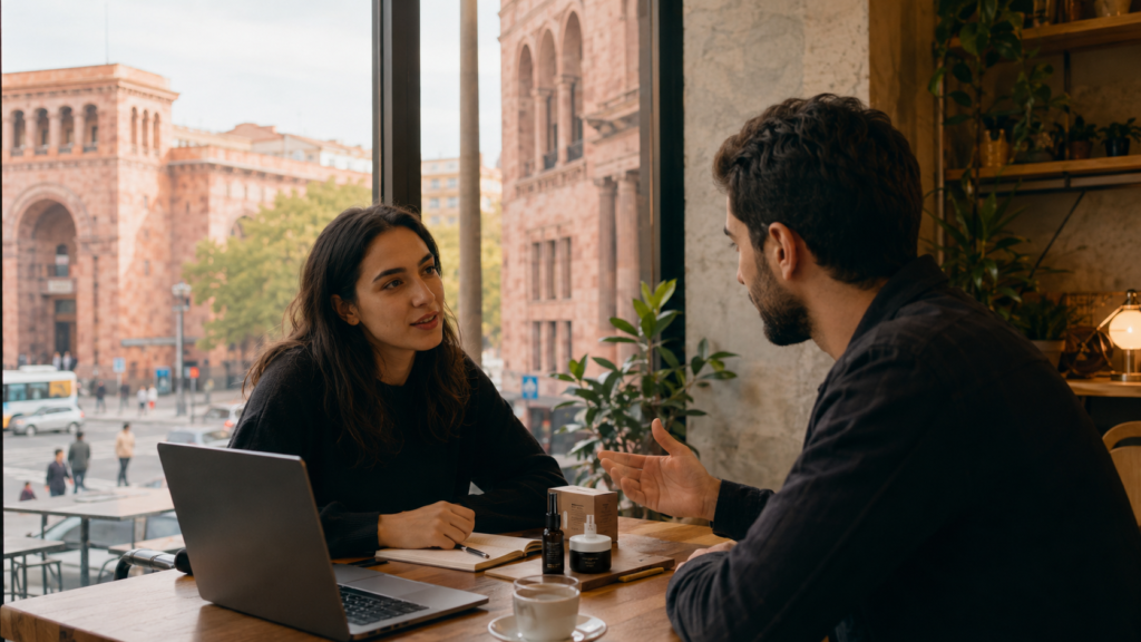 How to Find Your First Customers in a New Market Without a Local Network Two people sit at a café table by a large window, talking during a business meeting, with a laptop, notebook, coffee, and product samples on the table, and Yerevan-style pink stone buildings visible outside.