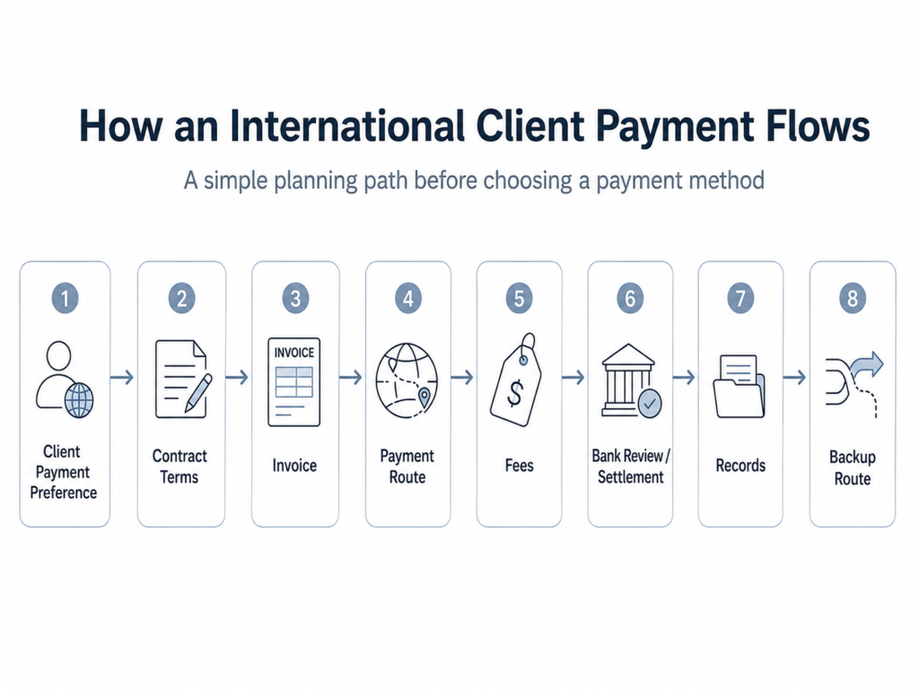 Getting Paid by Foreign Clients in Armenia: What to Plan Before Choosing a Payment Method A simple flowchart showing the path of an international client payment: client payment preference, contract terms, invoice, payment route, fees, bank review or settlement, records, and a backup route.